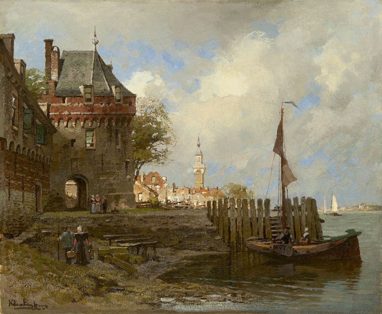 Klinkenberg J.C.K. | Johannes Christiaan Karel Klinkenberg, De rede van Veere met de Campveerse toren en de stadhuistoren, olieverf op doek 39,0 x 47,2 cm, gesigneerd linksonder Klinkenberg J.C.K. | Johannes Christiaan Karel Klinkenberg, De rede van Veere met de Campveerse toren en de stadhuistoren, olieverf op doek 39,0 x 47,2 cm, gesigneerd linksonder