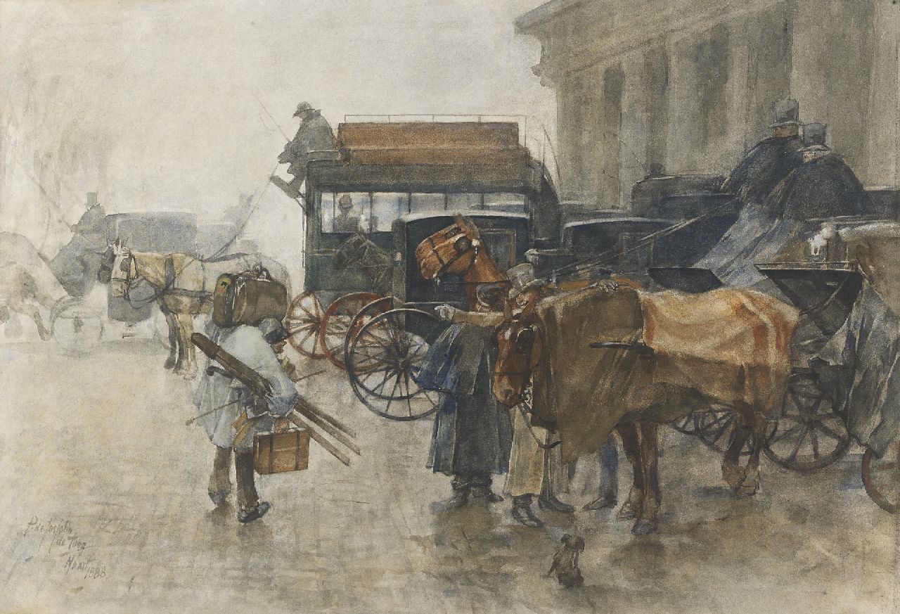 Josselin de Jong P. de | Pieter de Josselin de Jong, Koetsjes bij het station Hollandse Spoor, Den Haag, aquarel op papier 41,0 x 58,0 cm, gesigneerd linksonder en gedateerd Maart 1888 Josselin de Jong P. de | Pieter de Josselin de Jong, Koetsjes bij het station Hollandse Spoor, Den Haag, aquarel op papier 41,0 x 58,0 cm, gesigneerd linksonder en gedateerd Maart 1888