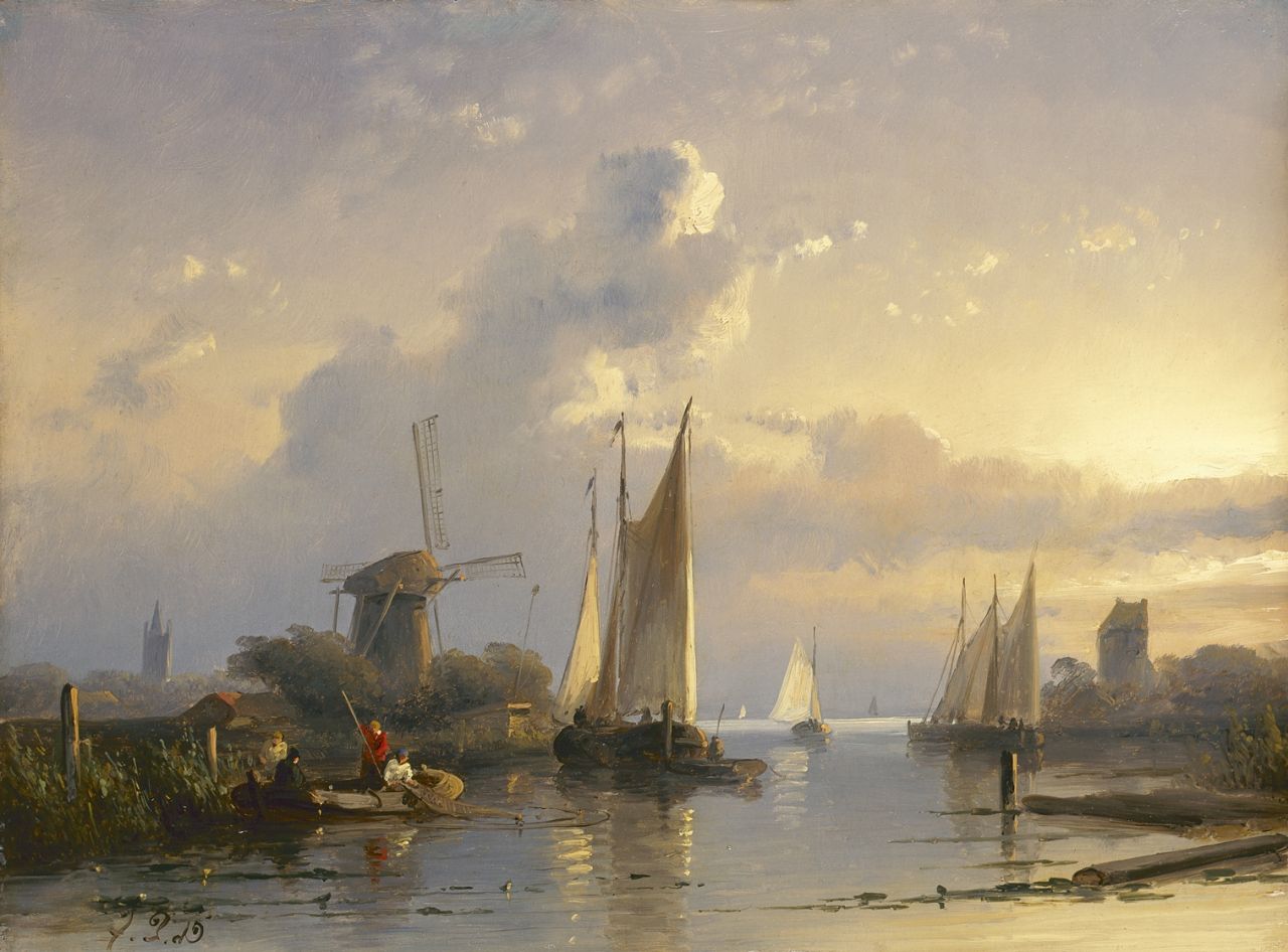 Leickert C.H.J.  | 'Charles' Henri Joseph Leickert, Zomers rivierlandschap bij avondschemering, olieverf op paneel 24,8 x 33,0 cm, gesigneerd rechtsonder mon