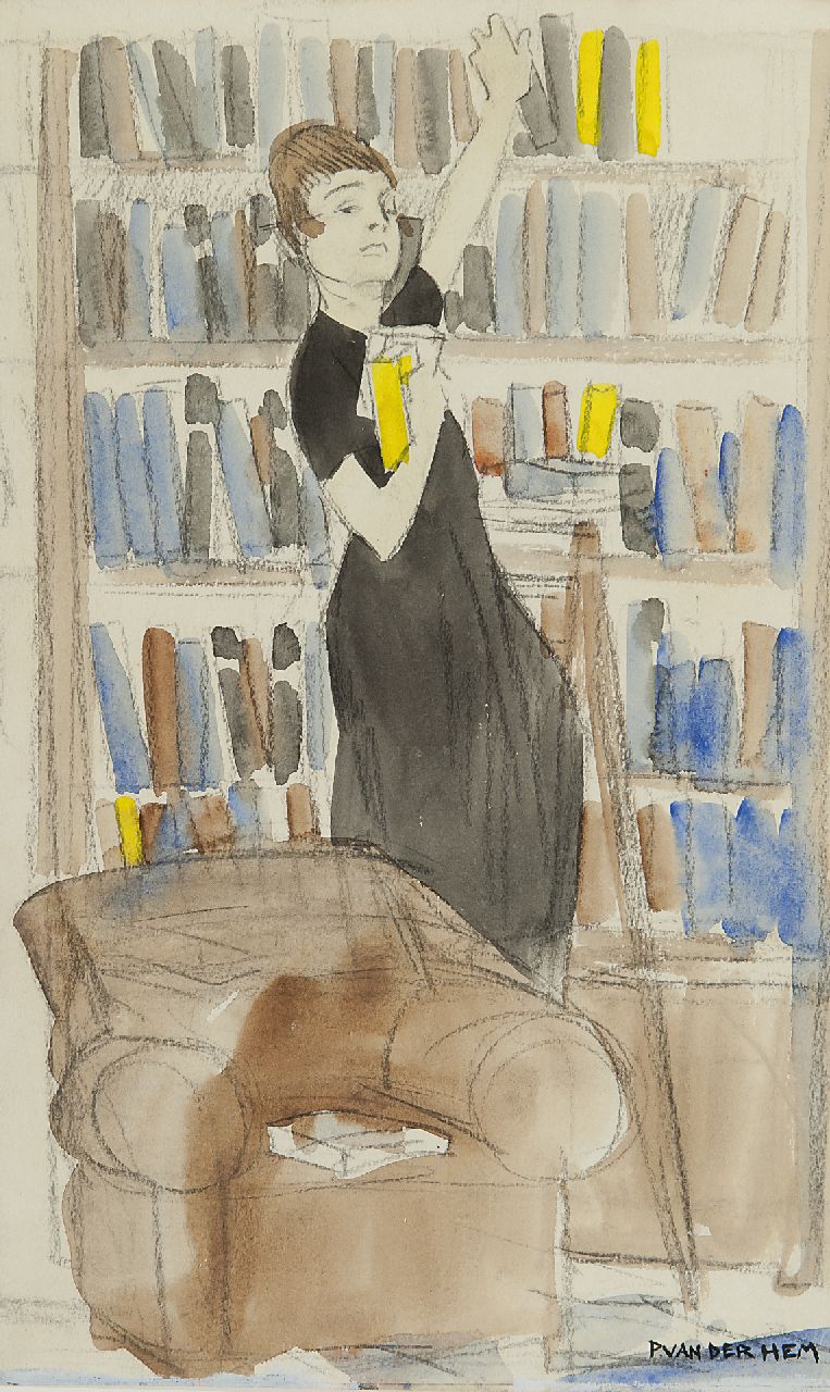 Hem P. van der | Pieter 'Piet' van der Hem, De bibliothecaresse, krijt en aquarel op papier 33,4 x 20,0 cm, gesigneerd rechtsonder Hem P. van der | Pieter 'Piet' van der Hem, De bibliothecaresse, krijt en aquarel op papier 33,4 x 20,0 cm, gesigneerd rechtsonder
