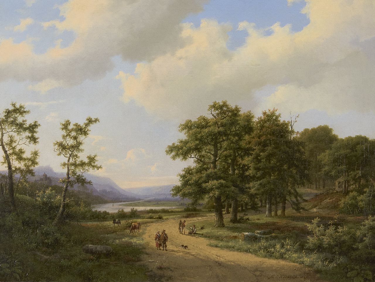 Koekkoek I M.A. | Marinus Adrianus Koekkoek I, Boomrijk landschap met figuren op een landweg, olieverf op doek 47,0 x 62,0 cm, gesigneerd rechts van het midden. en gedateerd 1862 Koekkoek I M.A. | Marinus Adrianus Koekkoek I, Boomrijk landschap met figuren op een landweg, olieverf op doek 47,0 x 62,0 cm, gesigneerd rechts van het midden. en gedateerd 1862