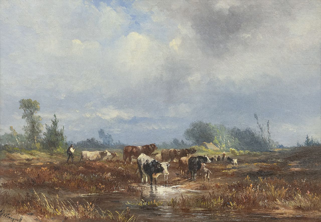 Prooijen A.J. van | Albert Jurardus van Prooijen | Schilderijen te koop aangeboden | Heidelandschap met herders en vee, olieverf op paneel 19,7 x 28,5 cm, gesigneerd linksonder Prooijen A.J. van | Albert Jurardus van Prooijen | Schilderijen te koop aangeboden | Heidelandschap met herders en vee, olieverf op paneel 19,7 x 28,5 cm, gesigneerd linksonder