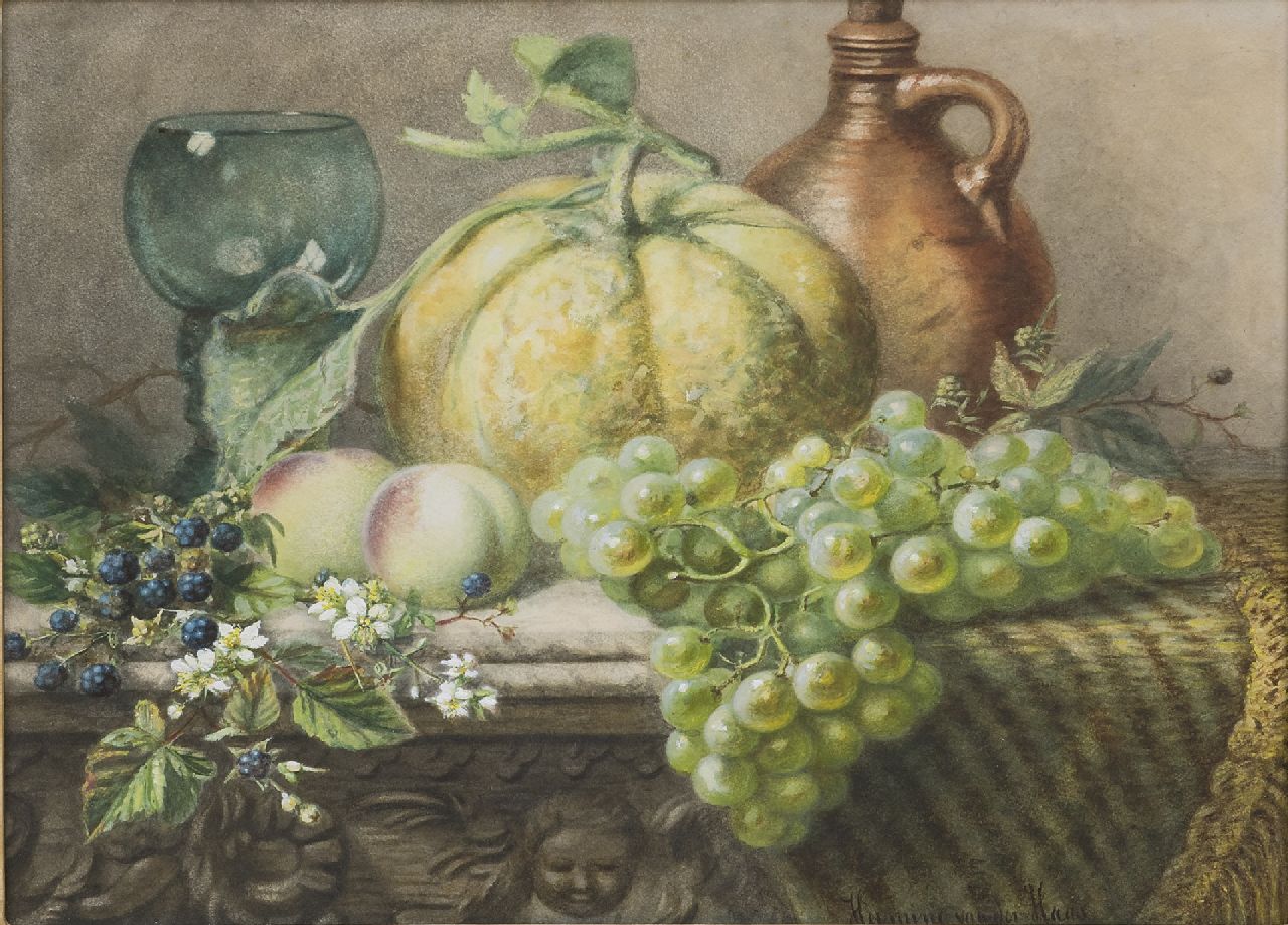 Haas C.P.H. van der | Charlotte Petronella 'Hermina' van der Haas | Aquarellen en tekeningen te koop aangeboden | Stilleven met fruit en een roemer, aquarel op papier 39,1 x 48,8 cm, gesigneerd rechtsonder