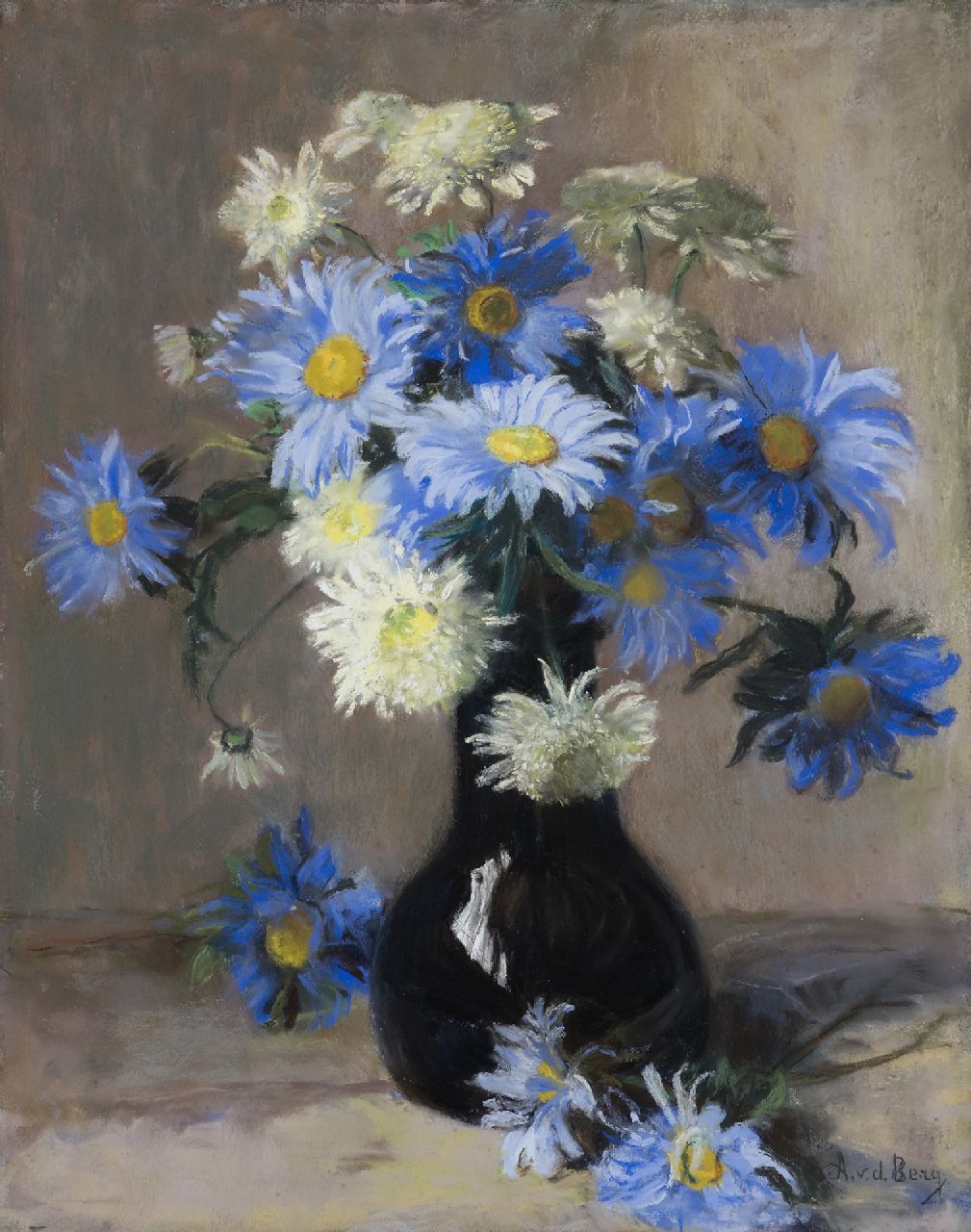 Berg A.C. van den | Anna Carolina 'Ans' van den Berg, Bloemstilleven met chrysanten en asters, pastel op papier 49,0 x 39,0 cm, gesigneerd rechtsonder en zonder lijst