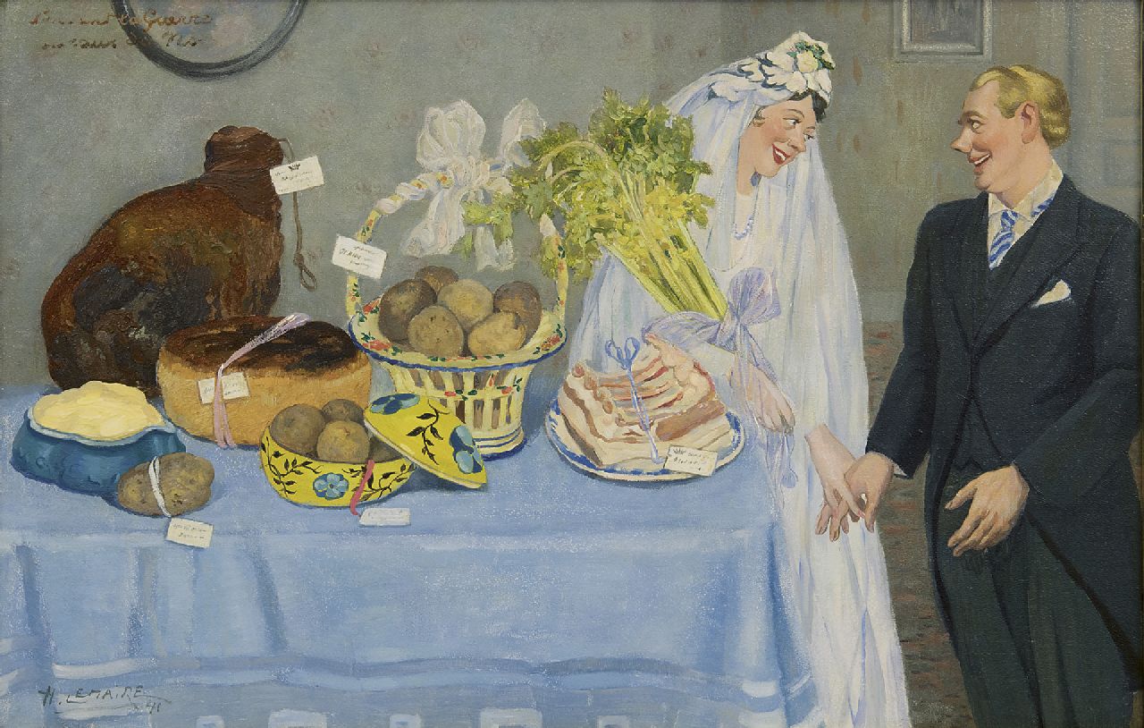 Lemaire H.  | Henri Lemaire | Schilderijen te koop aangeboden | De huwelijkscadeaus anno 1941, olieverf op schildersboard 35,3 x 54,7 cm, gesigneerd linksonder en gedateerd '41