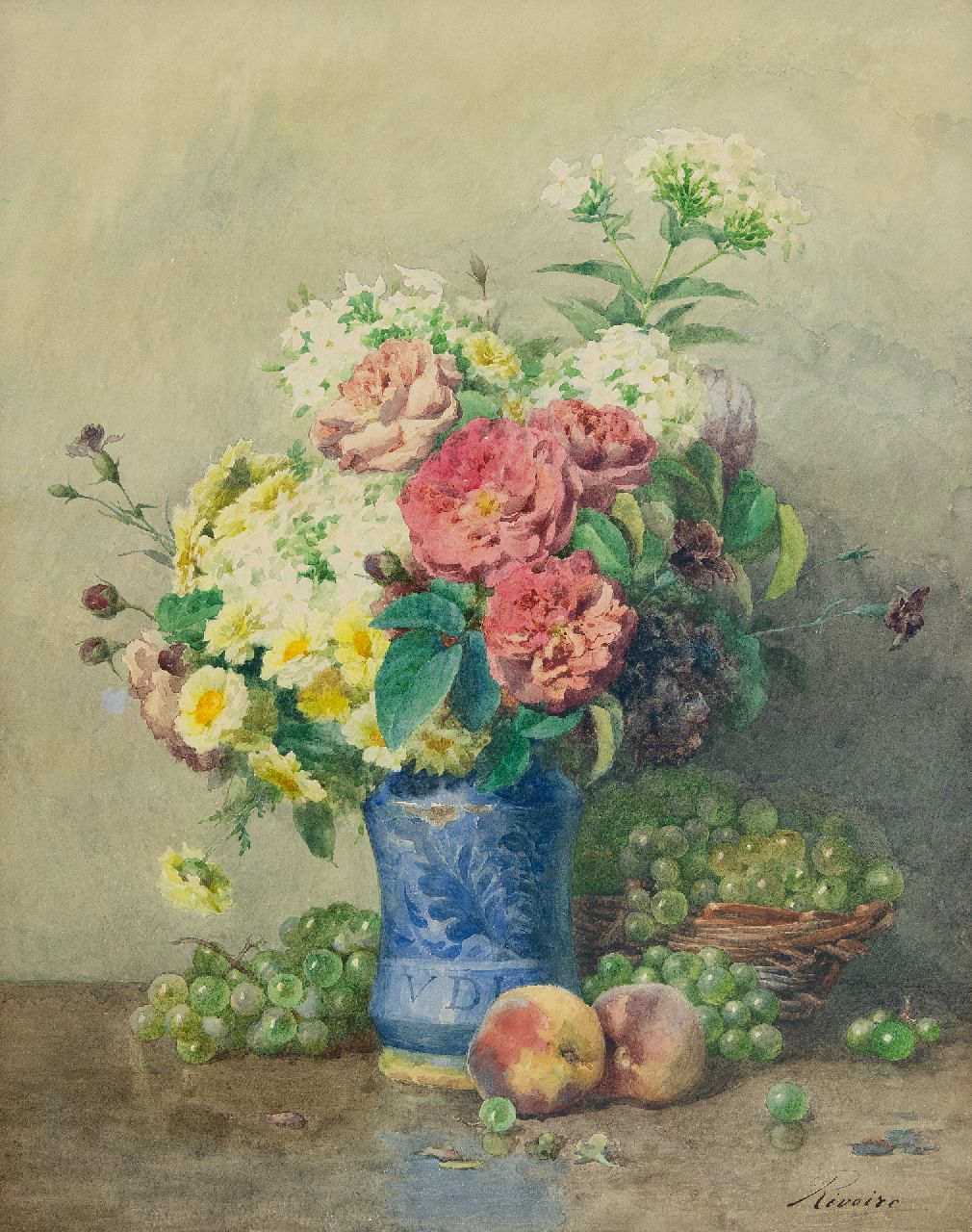 Rivoire F.  | François Rivoire, Stilleven met rozen, phloxen en fruit, aquarel op papier 58,4 x 46,4 cm, gesigneerd rechtsonder