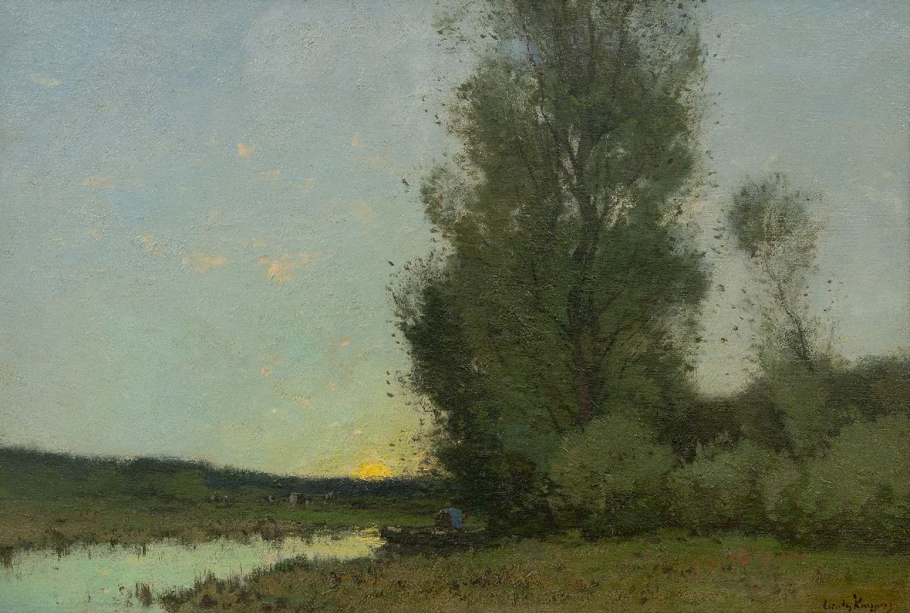 Kuijpers C. | Cornelis Kuijpers | Schilderijen te koop aangeboden | Boer in roeiboot bij zonsopkomst aan de bosrand, olieverf op doek 42,0 x 61,5 cm, gesigneerd rechtsonder Kuijpers C. | Cornelis Kuijpers | Schilderijen te koop aangeboden | Boer in roeiboot bij zonsopkomst aan de bosrand, olieverf op doek 42,0 x 61,5 cm, gesigneerd rechtsonder
