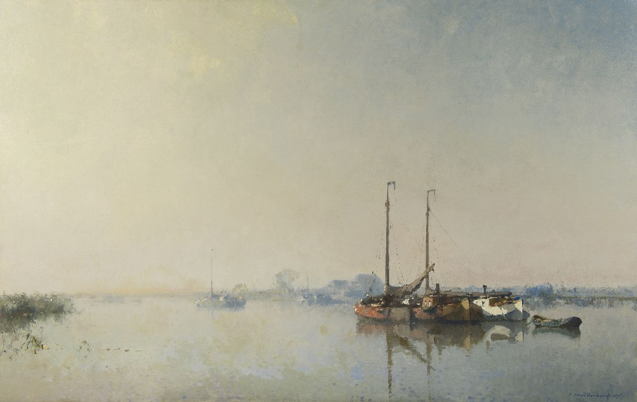 Vreedenburgh C. | Cornelis Vreedenburgh, Tjalken voor anker op een rivier, olieverf op doek 81,8 x 129,3 cm, gesigneerd rechtsonder en gedateerd 1915 Vreedenburgh C. | Cornelis Vreedenburgh, Tjalken voor anker op een rivier, olieverf op doek 81,8 x 129,3 cm, gesigneerd rechtsonder en gedateerd 1915