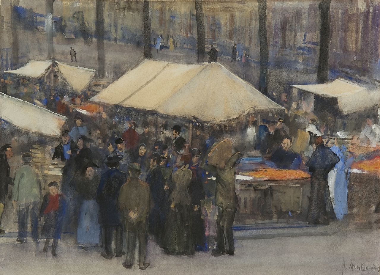 Arntzenius P.F.N.J. | Pieter Florentius Nicolaas Jacobus 'Floris' Arntzenius, Markt op de Prinsegracht in Den Haag, aquarel op papier 32,2 x 43,1 cm, gesigneerd rechtsonder Arntzenius P.F.N.J. | Pieter Florentius Nicolaas Jacobus 'Floris' Arntzenius, Markt op de Prinsegracht in Den Haag, aquarel op papier 32,2 x 43,1 cm, gesigneerd rechtsonder