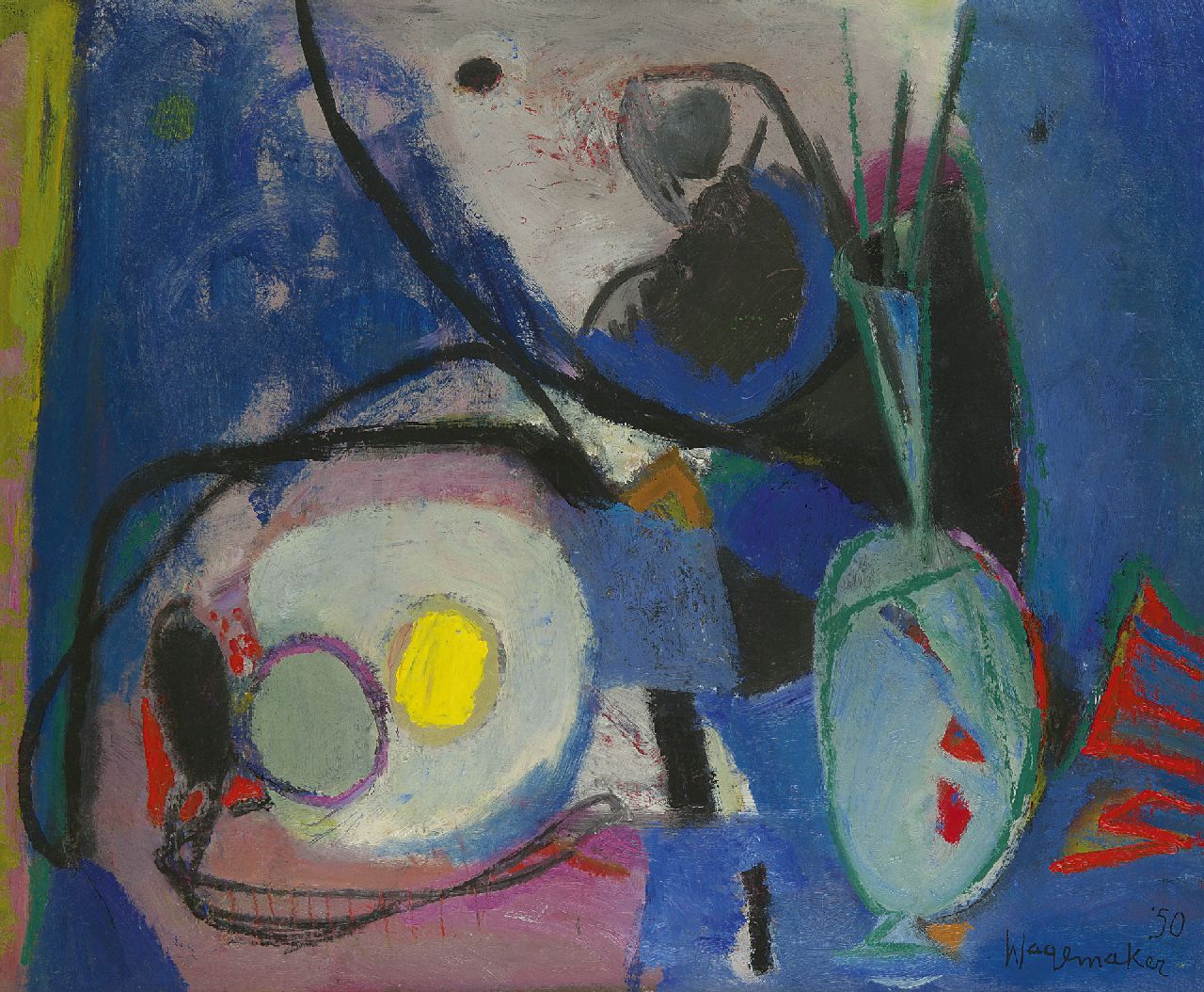 Wagemaker A.B. | Adriaan Barend 'Jaap' Wagemaker, Stilleven, olieverf op doek 61,5 x 74,2 cm, gesigneerd rechtsonder en tweemaal op spieraam en gedateerd '50 Wagemaker A.B. | Adriaan Barend 'Jaap' Wagemaker, Stilleven, olieverf op doek 61,5 x 74,2 cm, gesigneerd rechtsonder en tweemaal op spieraam en gedateerd '50