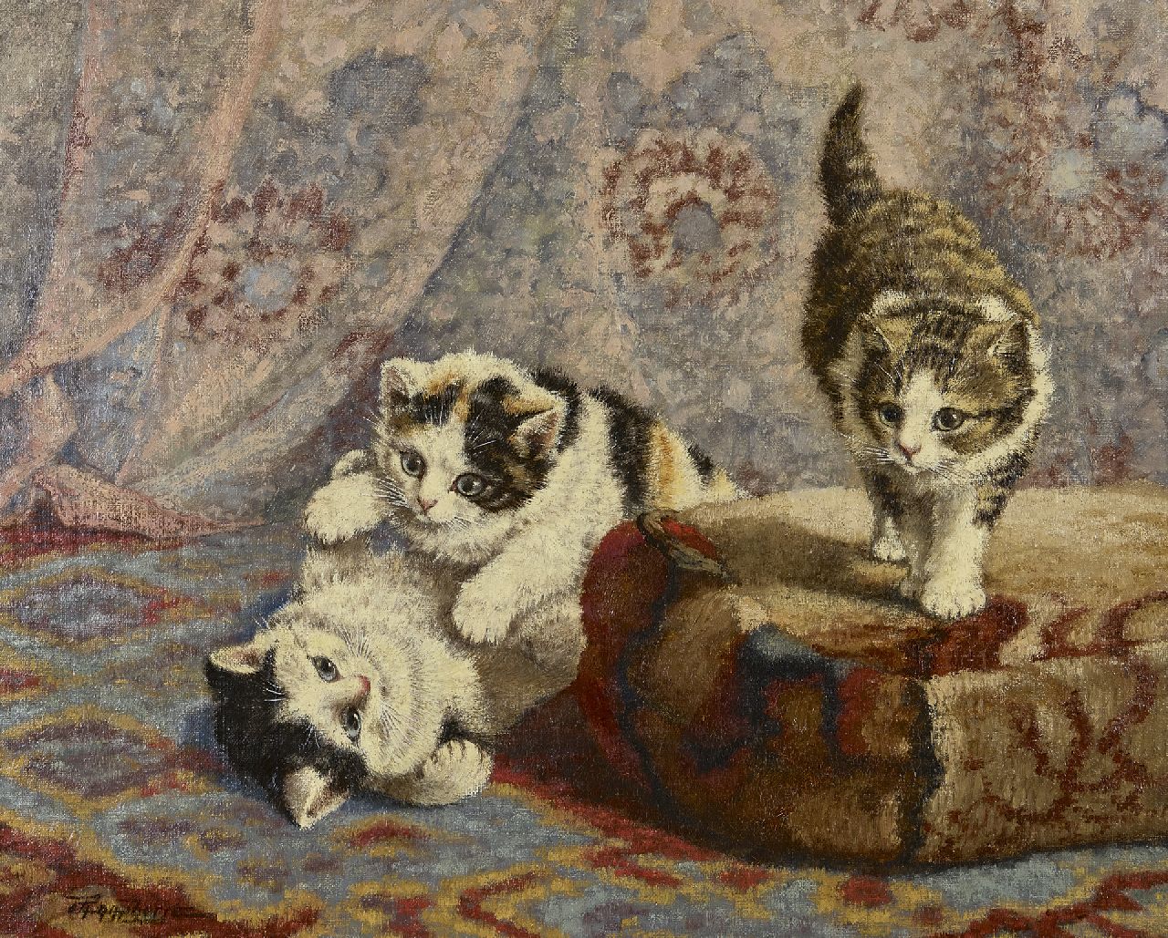 Raaphorst C. | Cornelis Raaphorst, Drie spelende katjes bij een poef, olieverf op doek 40,4 x 50,7 cm, gesigneerd linksonder en zonder lijst Raaphorst C. | Cornelis Raaphorst, Drie spelende katjes bij een poef, olieverf op doek 40,4 x 50,7 cm, gesigneerd linksonder en zonder lijst