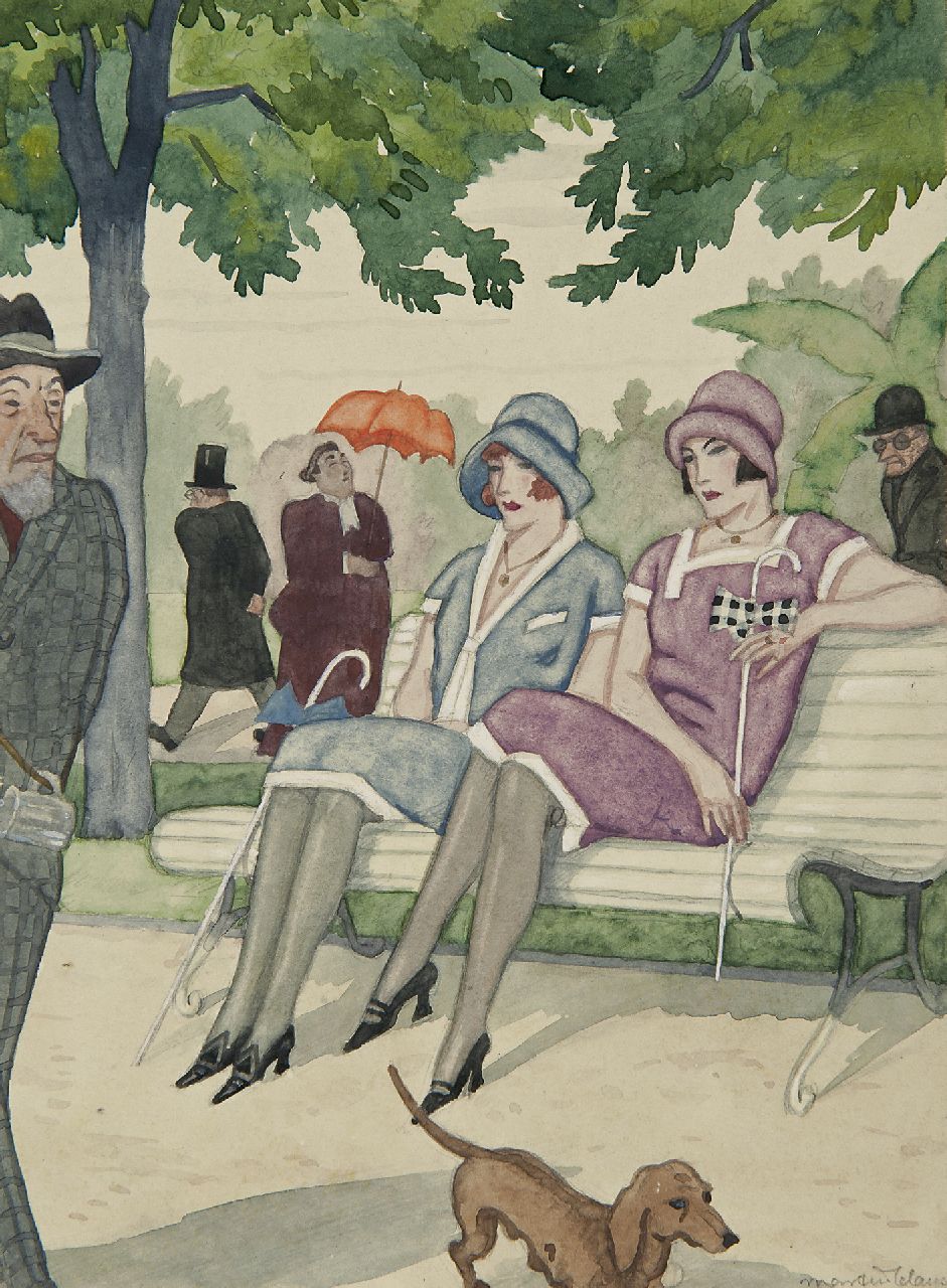 Claus M. | Martin Claus, Elegante dames op een bank in het park, aquarel op papier 23,1 x 16,9 cm, gesigneerd rechtsonder en te dateren ca. 1927 Claus M. | Martin Claus, Elegante dames op een bank in het park, aquarel op papier 23,1 x 16,9 cm, gesigneerd rechtsonder en te dateren ca. 1927