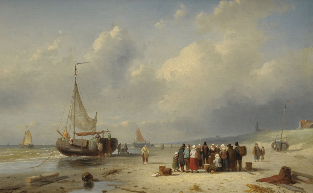 Leickert C.H.J. | 'Charles' Henri Joseph Leickert, Het strand van Scheveningen met pinken en visafslag *), olieverf op paneel 25,8 x 39,4 cm, gesigneerd rechtsonder en gedateerd '61 Leickert C.H.J. | 'Charles' Henri Joseph Leickert, Het strand van Scheveningen met pinken en visafslag *), olieverf op paneel 25,8 x 39,4 cm, gesigneerd rechtsonder en gedateerd '61