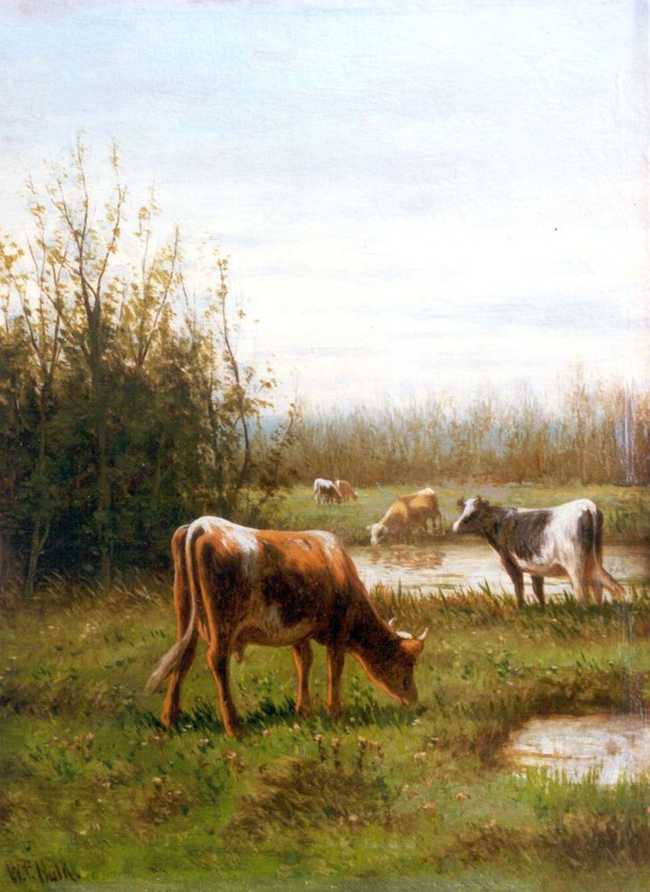 Hulk W.F. | Willem Frederik Hulk, Koeien aan het water, olieverf op paneel 20,2 x 15,2 cm, gesigneerd linksonder Hulk W.F. | Willem Frederik Hulk, Koeien aan het water, olieverf op paneel 20,2 x 15,2 cm, gesigneerd linksonder