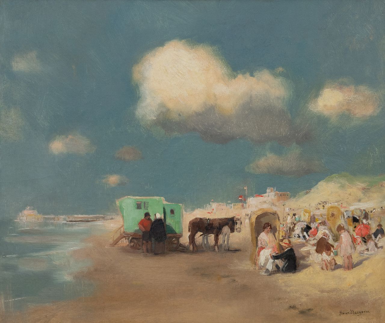 Han van Meegeren | Zomerse dag op het strand bij Scheveningen, olieverf op doek, 50,0 x 60,0 cm, gesigneerd r.o. en zonder lijst