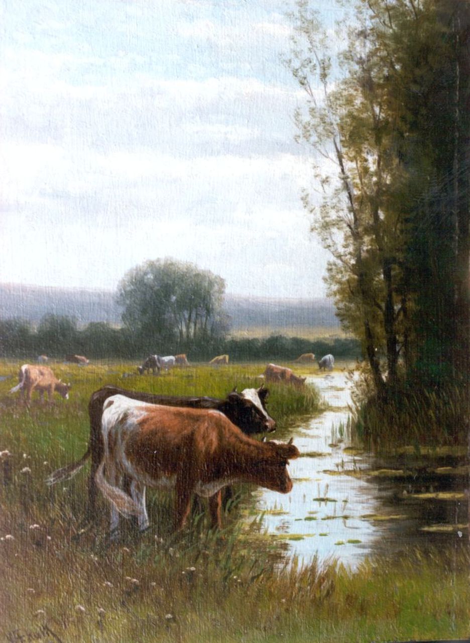 Hulk W.F. | Willem Frederik Hulk, Koeien aan het water, olieverf op paneel 20,2 x 14,8 cm, gesigneerd linksonder Hulk W.F. | Willem Frederik Hulk, Koeien aan het water, olieverf op paneel 20,2 x 14,8 cm, gesigneerd linksonder