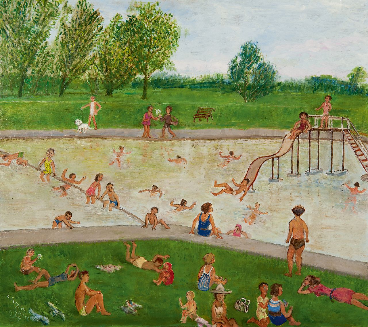 Swijser-'t Hart C.C.M. | Catharina 'Christina' Maria Swijser-'t Hart, Zwembad in de zomer, olieverf op board 48,8 x 54,4 cm, gesigneerd linksonder en gedateerd 1964 Swijser-'t Hart C.C.M. | Catharina 'Christina' Maria Swijser-'t Hart, Zwembad in de zomer, olieverf op board 48,8 x 54,4 cm, gesigneerd linksonder en gedateerd 1964