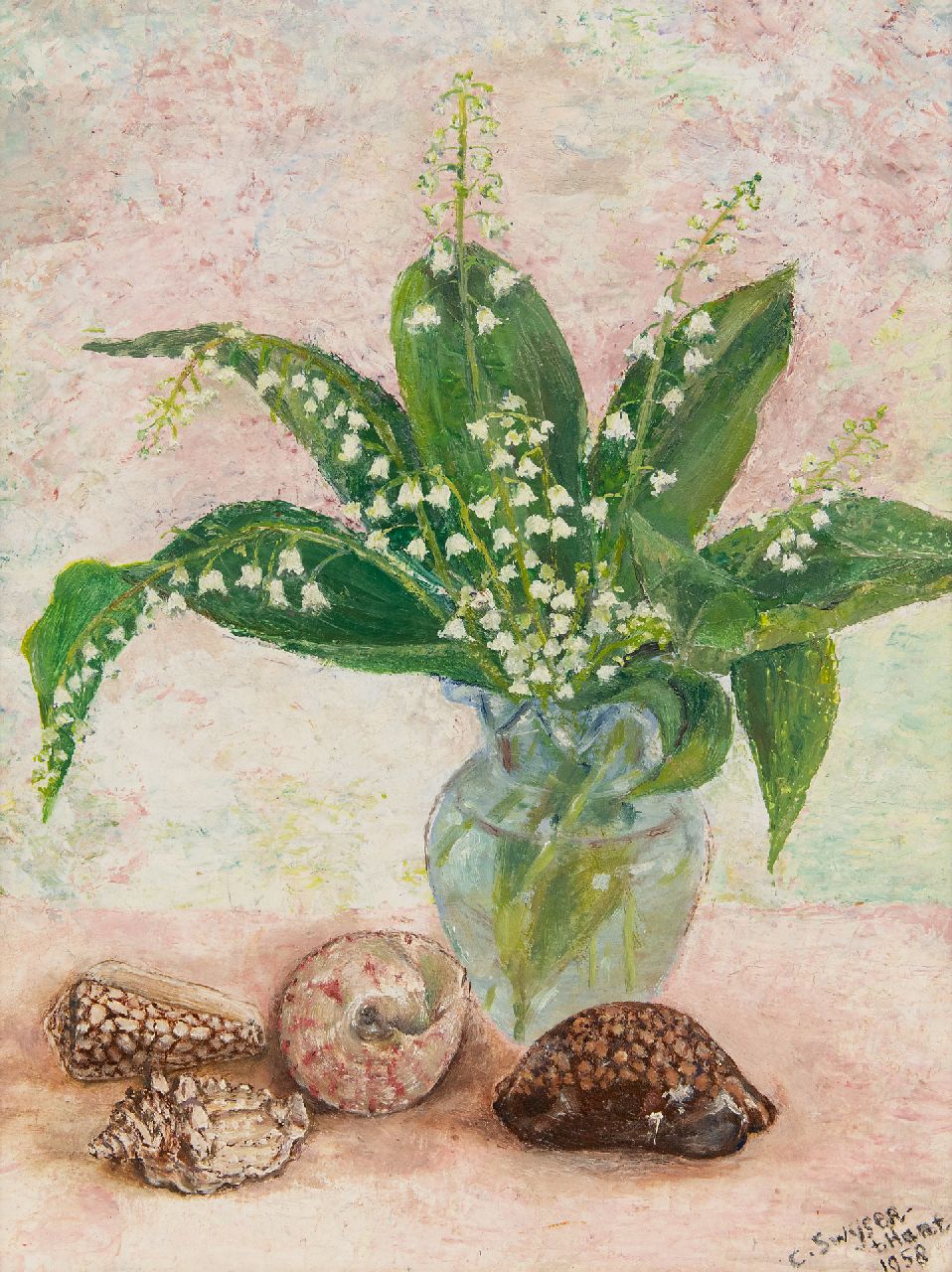Swijser-'t Hart C.C.M.  | Catharina 'Christina' Maria Swijser-'t Hart | Schilderijen te koop aangeboden | Stilleven met meiklokjes, olieverf op board 37,5 cm, gesigneerd rechtsonder en gedateerd 1958