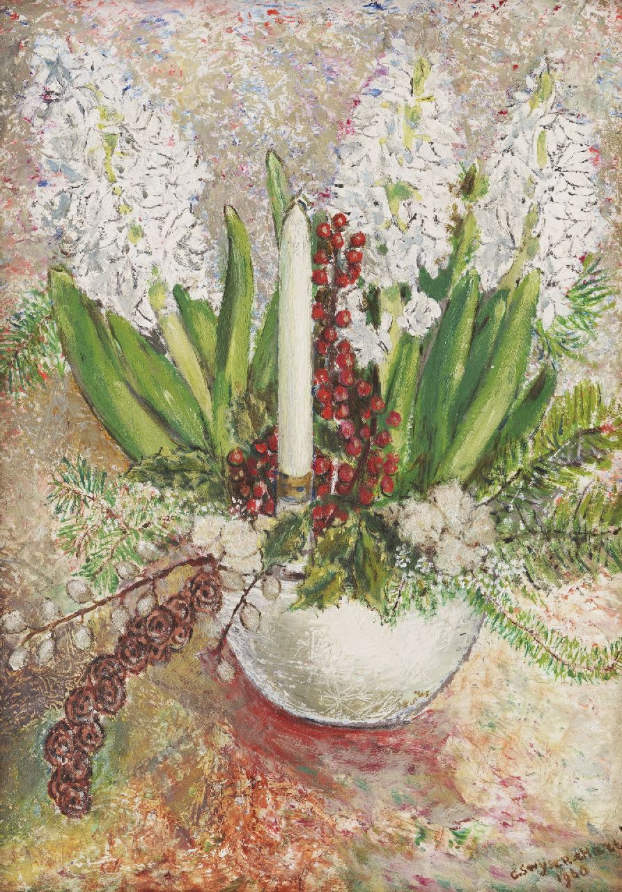 Swijser-'t Hart C.C.M. | Catharina 'Christina' Maria Swijser-'t Hart, Kerststilleven met hyacinten, olieverf op board 40,5 x 28,8 cm, gesigneerd rechtsonder en gedateerd 1960 Swijser-'t Hart C.C.M. | Catharina 'Christina' Maria Swijser-'t Hart, Kerststilleven met hyacinten, olieverf op board 40,5 x 28,8 cm, gesigneerd rechtsonder en gedateerd 1960