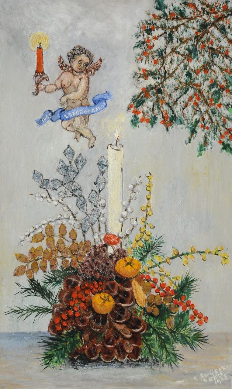 Swijser-'t Hart C.C.M. | Catharina 'Christina' Maria Swijser-'t Hart, Kerststukje en zwevende engel, olieverf op board 54,0 x 32,5 cm, gesigneerd rechtsonder en gedateerd 1965 Swijser-'t Hart C.C.M. | Catharina 'Christina' Maria Swijser-'t Hart, Kerststukje en zwevende engel, olieverf op board 54,0 x 32,5 cm, gesigneerd rechtsonder en gedateerd 1965