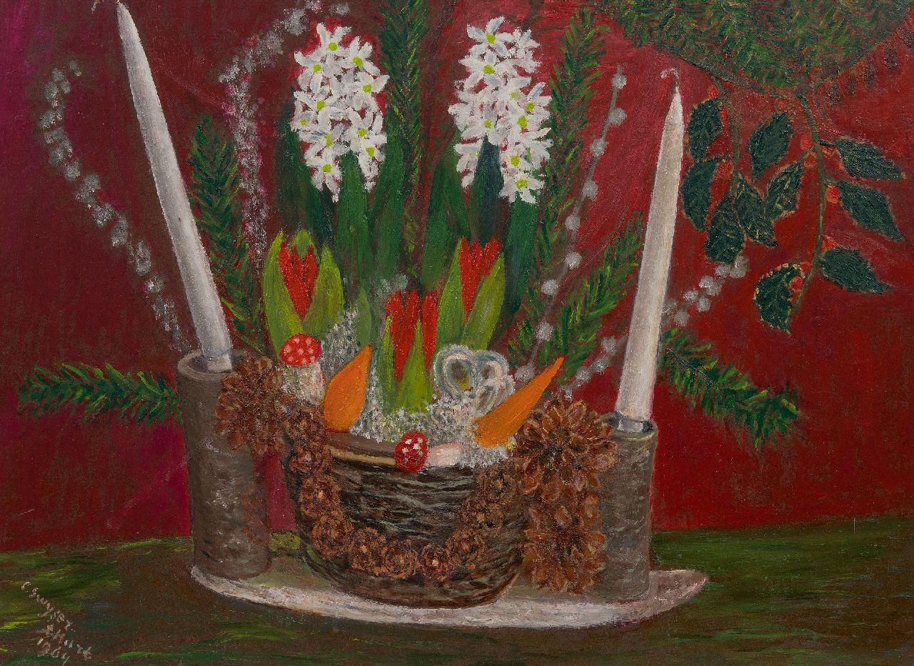Swijser-'t Hart C.C.M. | Catharina 'Christina' Maria Swijser-'t Hart | Schilderijen te koop aangeboden | Kerststilleven, olieverf op doek 37,2 x 50,0 cm, gesigneerd linksonder en gedateerd 1964 Swijser-'t Hart C.C.M. | Catharina 'Christina' Maria Swijser-'t Hart | Schilderijen te koop aangeboden | Kerststilleven, olieverf op doek 37,2 x 50,0 cm, gesigneerd linksonder en gedateerd 1964