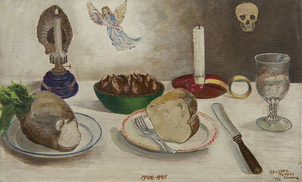 Swijser-'t Hart C.C.M. | Catharina 'Christina' Maria Swijser-'t Hart | Schilderijen te koop aangeboden | 'Feestmaaltijd' 1940-1945, olieverf op doek op paneel 34,7 x 55,9 cm, gesigneerd rechtsonder en gedateerd 'Den Haag' 1955 Swijser-'t Hart C.C.M. | Catharina 'Christina' Maria Swijser-'t Hart | Schilderijen te koop aangeboden | 'Feestmaaltijd' 1940-1945, olieverf op doek op paneel 34,7 x 55,9 cm, gesigneerd rechtsonder en gedateerd 'Den Haag' 1955