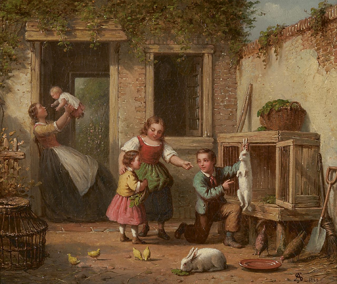 Scheerboom A.  | Andries Scheerboom | Schilderijen te koop aangeboden | Spelen met het konijn, olieverf op doek 25,8 x 30,8 cm, gesigneerd rechtsonder met monogram en gedateerd 1866