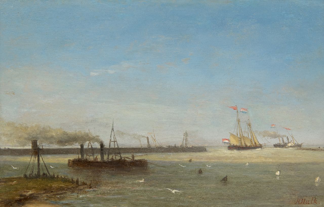 Hendrik Hulk | Uitzeilende brik en raderstoomboot bij een zeepier, olieverf op paneel, 17,3 x 26,8 cm, gesigneerd r.o. Hendrik Hulk | Uitzeilende brik en raderstoomboot bij een zeepier, olieverf op paneel, 17,3 x 26,8 cm, gesigneerd r.o.