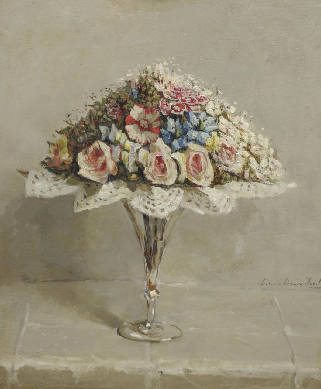 Dam van Isselt L. van | Lucie van Dam van Isselt, Glas met Biedermeier boeketje, olieverf op paneel 55,5 x 46,7 cm, gesigneerd rechts van het midden Dam van Isselt L. van | Lucie van Dam van Isselt, Glas met Biedermeier boeketje, olieverf op paneel 55,5 x 46,7 cm, gesigneerd rechts van het midden