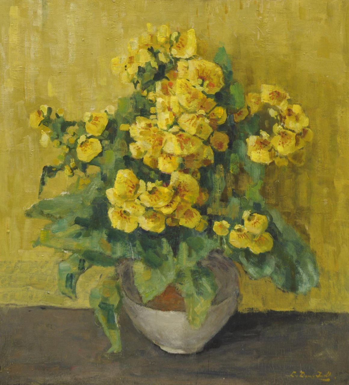 Dam van Isselt L. van | Lucie van Dam van Isselt, Aardewerken pot met pantoffelplant, olieverf op paneel 54,8 x 49,8 cm, gesigneerd rechtsonder Dam van Isselt L. van | Lucie van Dam van Isselt, Aardewerken pot met pantoffelplant, olieverf op paneel 54,8 x 49,8 cm, gesigneerd rechtsonder