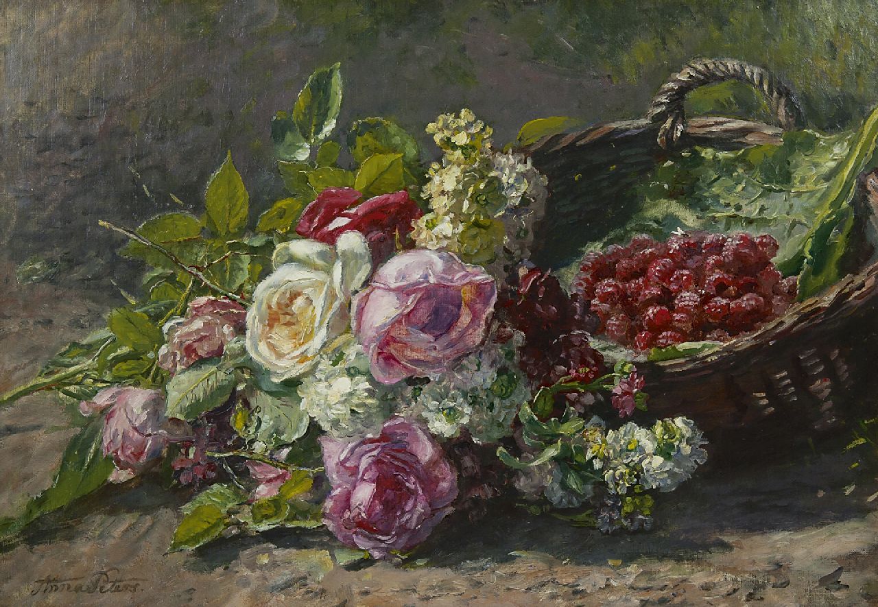 Peters A. | Anna Peters, Stilleven met rozen en korf met frambozen, olieverf op doek 42,8 x 60,1 cm, gesigneerd linksonder en te dateren ca. 1880 Peters A. | Anna Peters, Stilleven met rozen en korf met frambozen, olieverf op doek 42,8 x 60,1 cm, gesigneerd linksonder en te dateren ca. 1880
