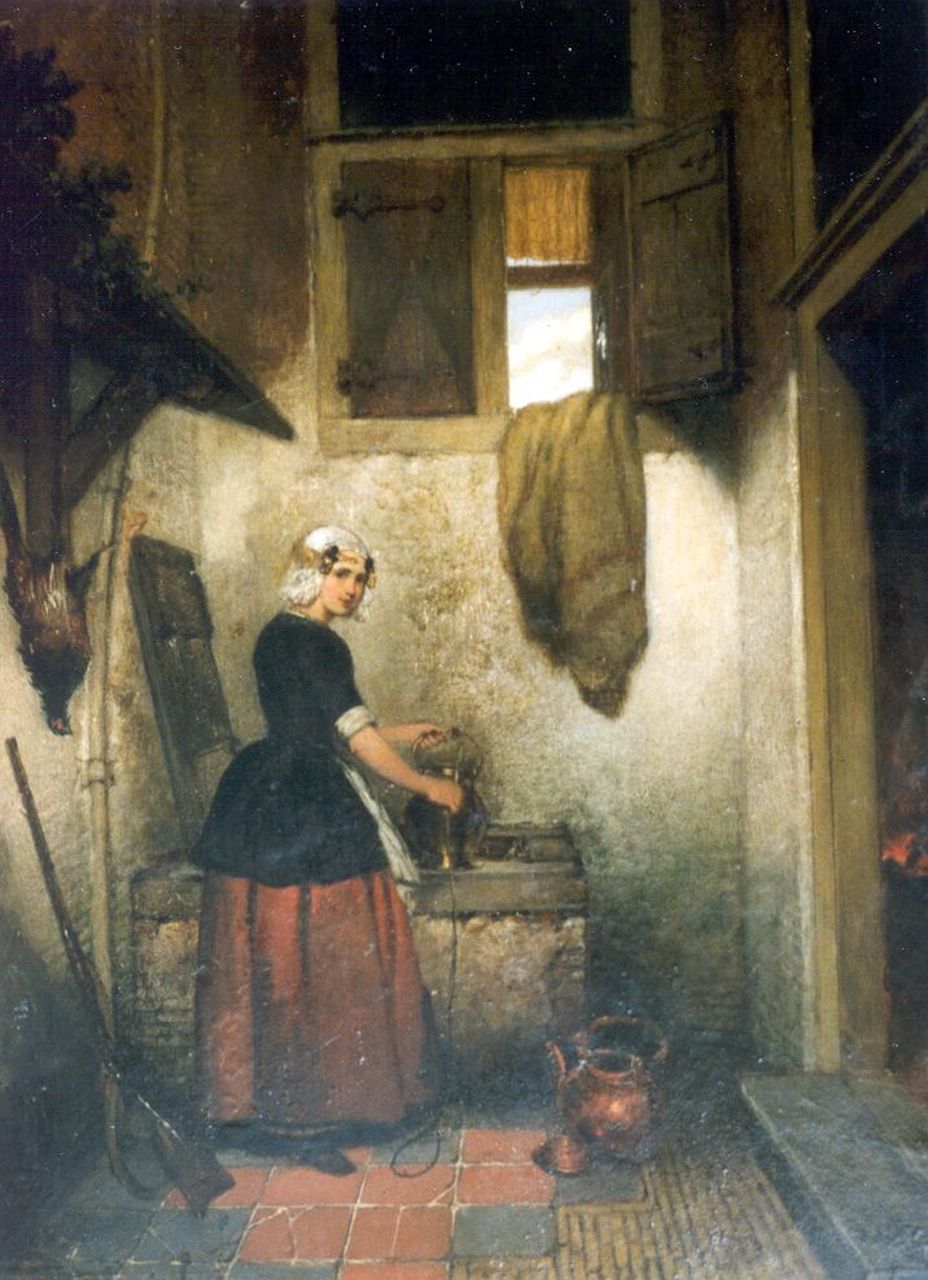 Hove H. van | Hubertus 'Huib' van Hove, Meisje bij de waterpomp, olieverf op paneel 31,6 x 23,7 cm Hove H. van | Hubertus 'Huib' van Hove, Meisje bij de waterpomp, olieverf op paneel 31,6 x 23,7 cm