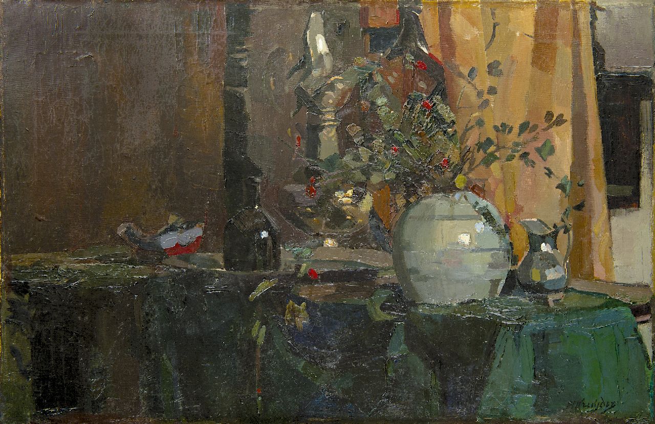 Kruyder H.J. | 'Herman' Justus Kruyder, Stilleven met bessen in Keulse pot, olieverf op doek 56,1 x 85,1 cm, gesigneerd rechtsonder en te dateren voor 1916 Kruyder H.J. | 'Herman' Justus Kruyder, Stilleven met bessen in Keulse pot, olieverf op doek 56,1 x 85,1 cm, gesigneerd rechtsonder en te dateren voor 1916