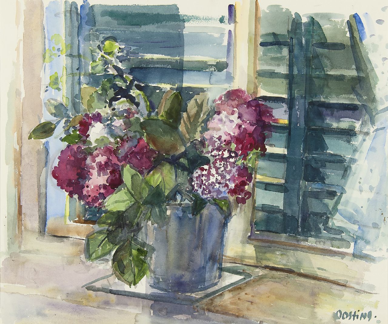 Bieruma Oosting A.J.W. | Adriana Johanna Wilhelmina 'Jeanne' Bieruma Oosting, Paarse bloemen voor een raam, aquarel op papier 51,3 x 62,5 cm, gesigneerd rechtsonder Bieruma Oosting A.J.W. | Adriana Johanna Wilhelmina 'Jeanne' Bieruma Oosting, Paarse bloemen voor een raam, aquarel op papier 51,3 x 62,5 cm, gesigneerd rechtsonder