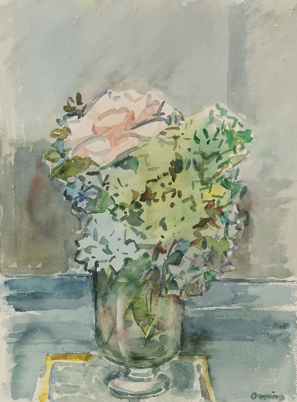 Bieruma Oosting A.J.W.  | Adriana Johanna Wilhelmina 'Jeanne' Bieruma Oosting, Hortensia's en klimroos in een vaas, aquarel op papier 49,3 x 36,0 cm, gesigneerd rechtsonder