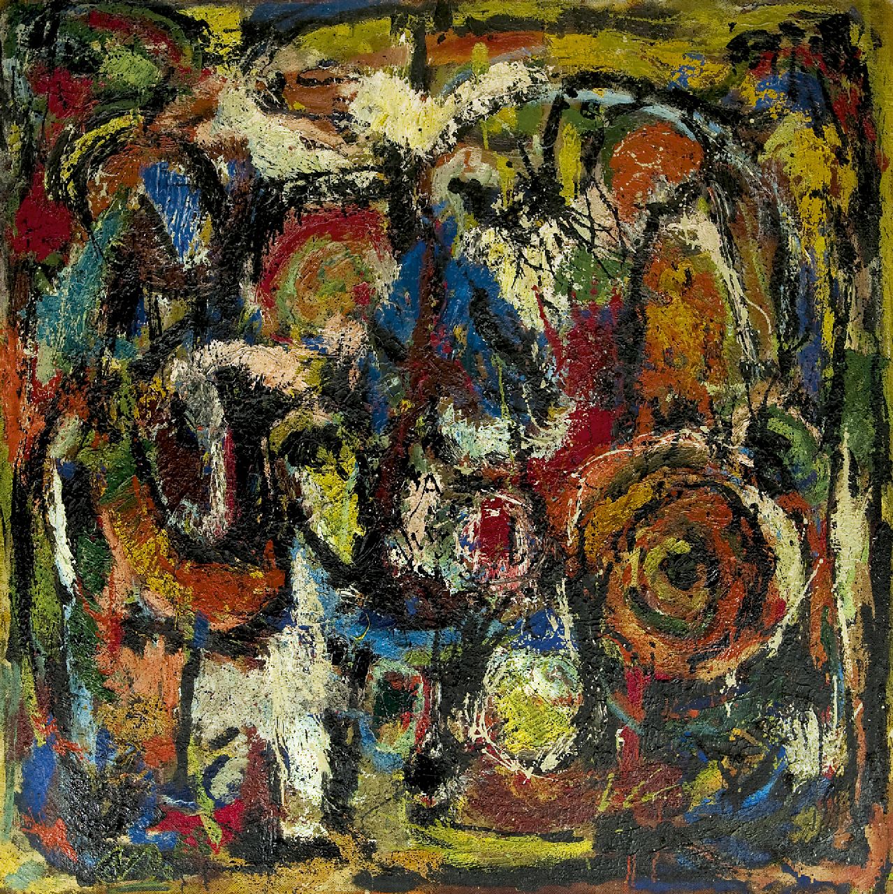 Snijders A.C. | Adrianus Cornelis 'Ad' Snijders, Abstracte compositie, olieverf op board 122,5 x 122,0 cm, gesigneerd linksonder met initialen, verso voluit en met initialen en gedateerd '58 Snijders A.C. | Adrianus Cornelis 'Ad' Snijders, Abstracte compositie, olieverf op board 122,5 x 122,0 cm, gesigneerd linksonder met initialen, verso voluit en met initialen en gedateerd '58