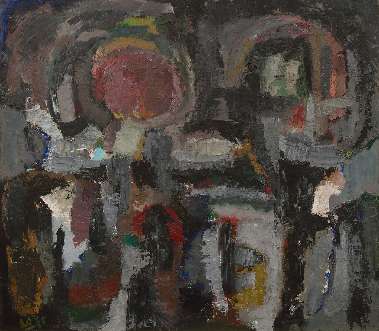 Snijders A.C. | Adrianus Cornelis 'Ad' Snijders, Figuren in landschap, olieverf op board 107,4 x 122,3 cm, gesigneerd linksonder met initialen en verso voluit en gedateerd '60 Snijders A.C. | Adrianus Cornelis 'Ad' Snijders, Figuren in landschap, olieverf op board 107,4 x 122,3 cm, gesigneerd linksonder met initialen en verso voluit en gedateerd '60
