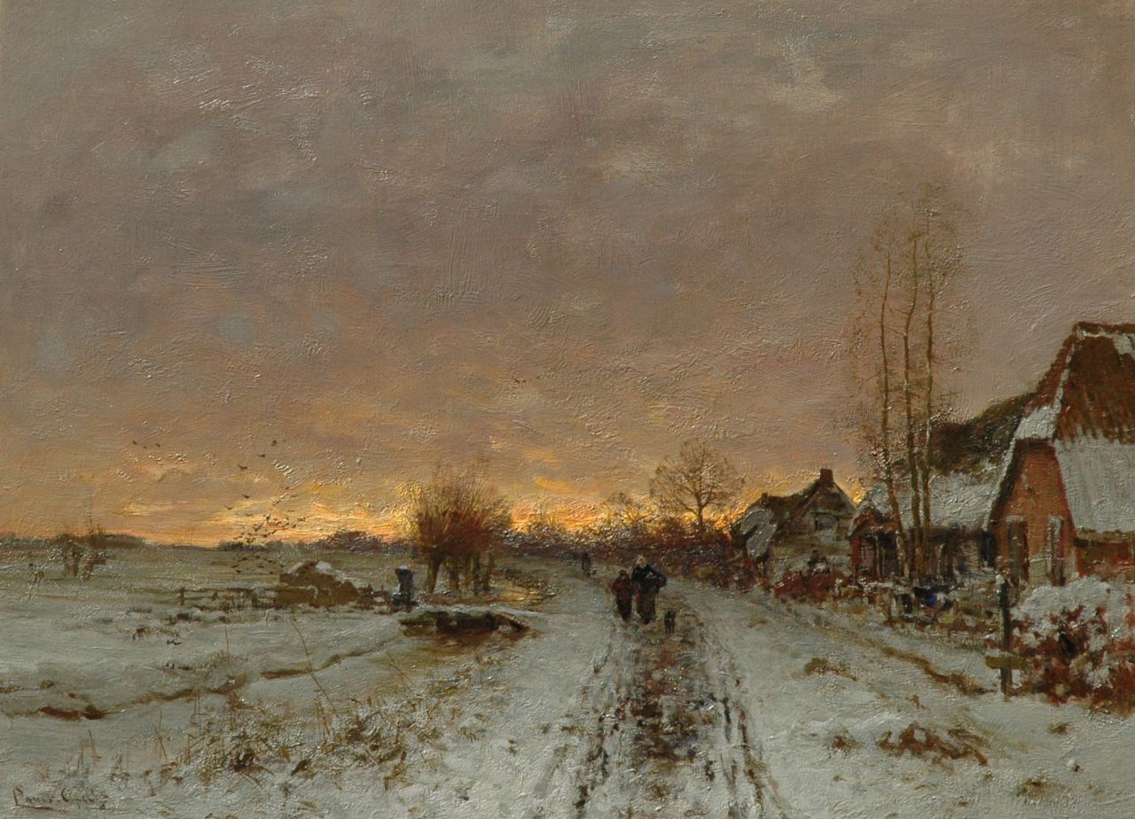 Apol L.F.H.  | Lodewijk Franciscus Hendrik 'Louis' Apol, Besneeuwd dorpspad bij ondergaande zon, olieverf op doek 49,2 x 66,8 cm, gesigneerd linksonder