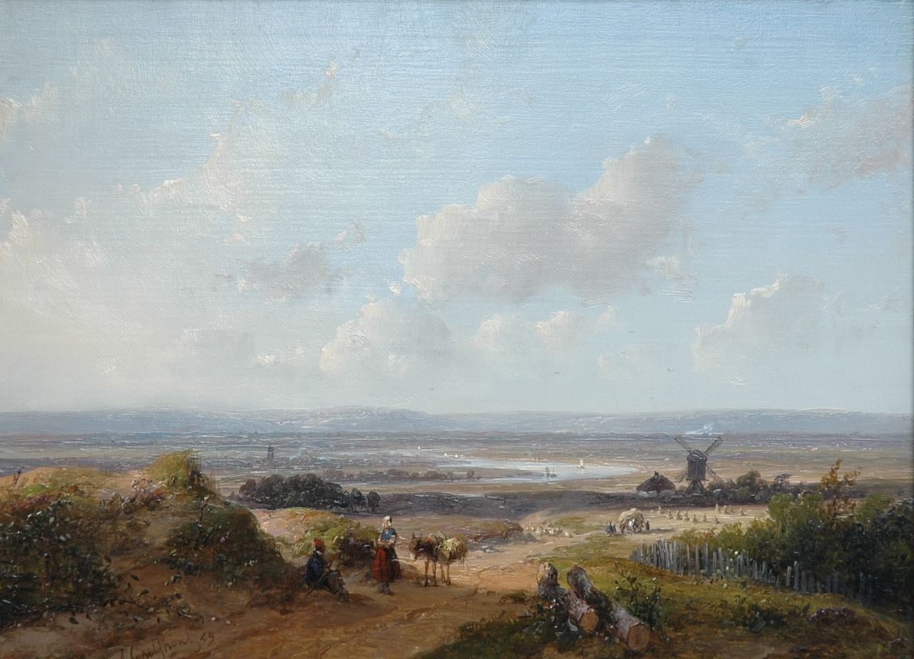 Schelfhout A. | Andreas Schelfhout, Panoramisch rivierlandschap met rustend paar op landweg, olieverf op paneel 21,6 x 29,2 cm, gesigneerd linksonder en gedateerd '59 Schelfhout A. | Andreas Schelfhout, Panoramisch rivierlandschap met rustend paar op landweg, olieverf op paneel 21,6 x 29,2 cm, gesigneerd linksonder en gedateerd '59