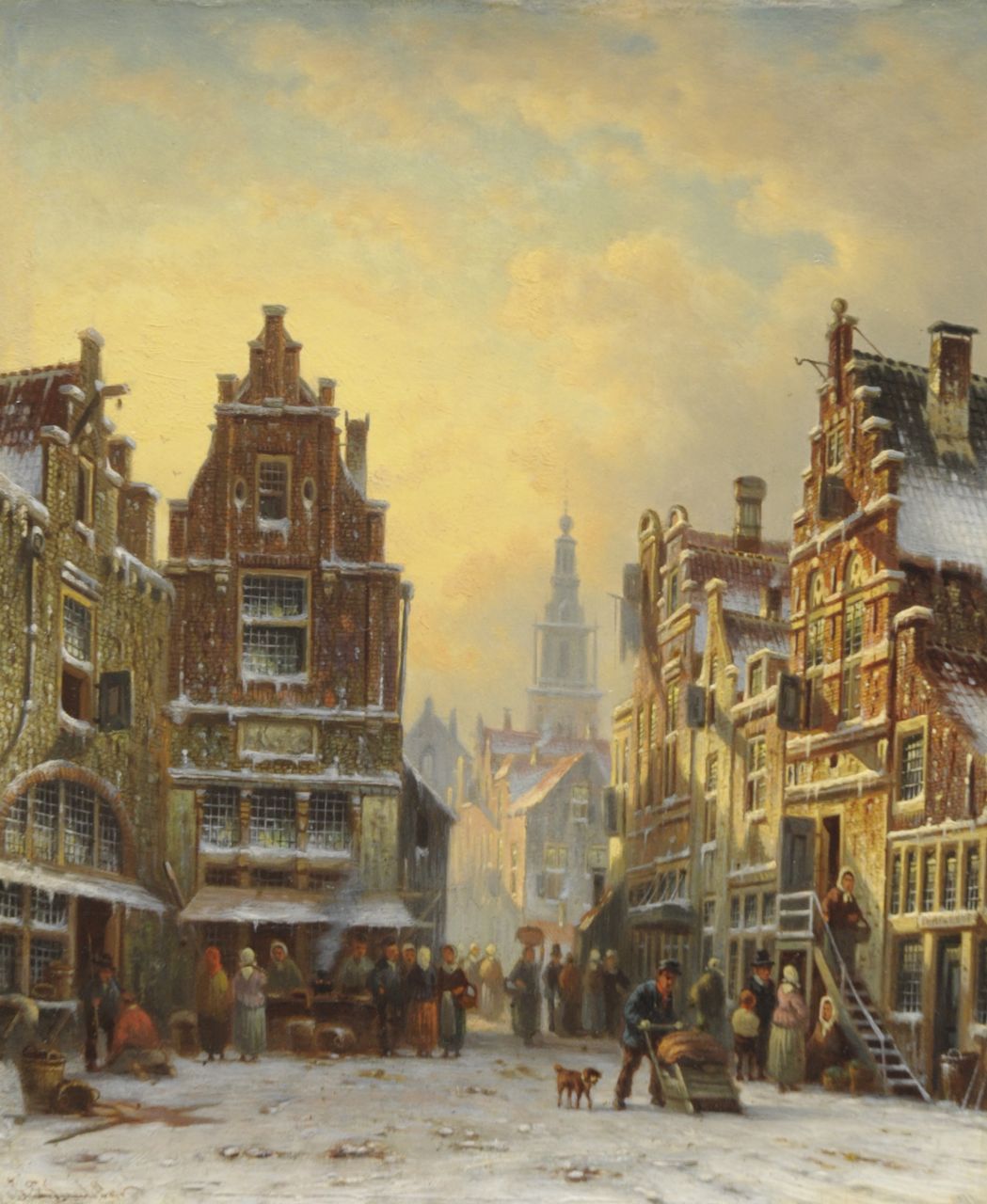Spohler J.F. | Johannes Franciscus Spohler, Winters stadsgezicht met de Amsterdamse Zuiderkerkstoren, olieverf op paneel 26,2 x 21,5 cm, gesigneerd linksonder Spohler J.F. | Johannes Franciscus Spohler, Winters stadsgezicht met de Amsterdamse Zuiderkerkstoren, olieverf op paneel 26,2 x 21,5 cm, gesigneerd linksonder