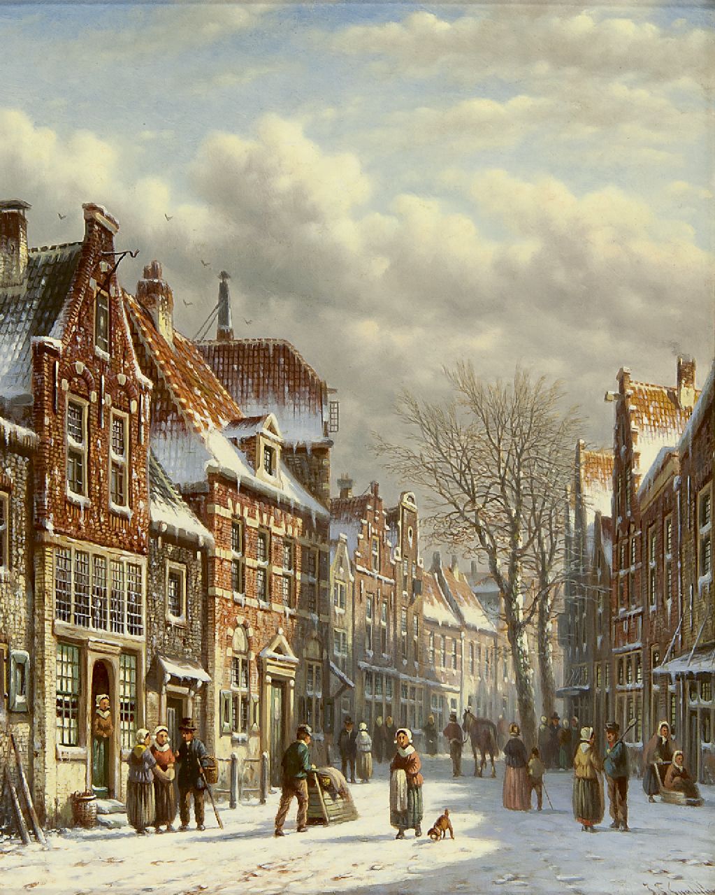 Spohler J.F. | Johannes Franciscus Spohler, Figuren op een besneeuwd stadsplein (pendant van 15516), olieverf op paneel 26,3 x 21,6 cm, gesigneerd rechtsonder Spohler J.F. | Johannes Franciscus Spohler, Figuren op een besneeuwd stadsplein (pendant van 15516), olieverf op paneel 26,3 x 21,6 cm, gesigneerd rechtsonder