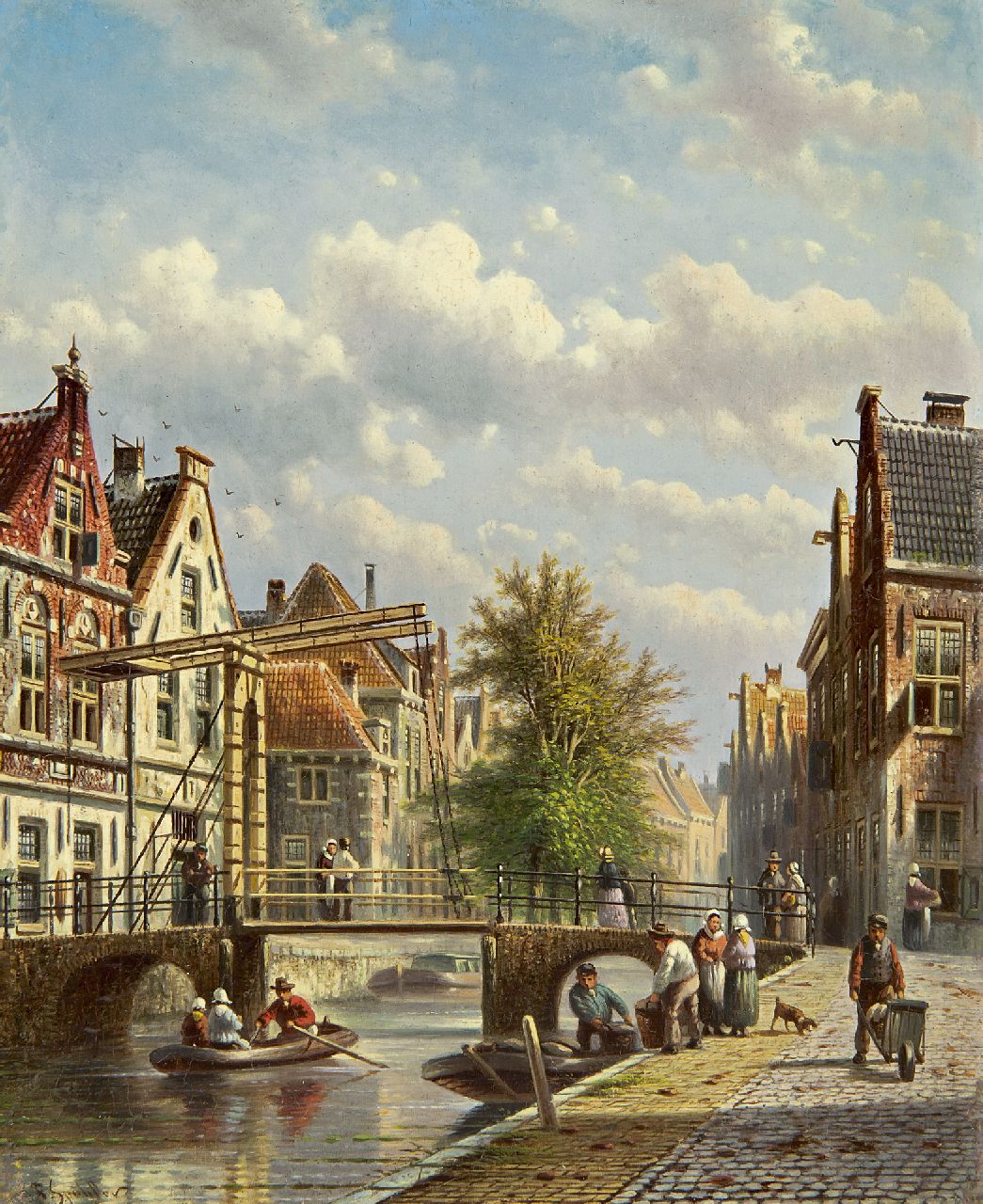 Spohler J.F. | Johannes Franciscus Spohler, Drukbevolkt stadsgezicht met gracht (pendant van 16021), olieverf op paneel 26,3 x 21,3 cm, gesigneerd linksonder Spohler J.F. | Johannes Franciscus Spohler, Drukbevolkt stadsgezicht met gracht (pendant van 16021), olieverf op paneel 26,3 x 21,3 cm, gesigneerd linksonder