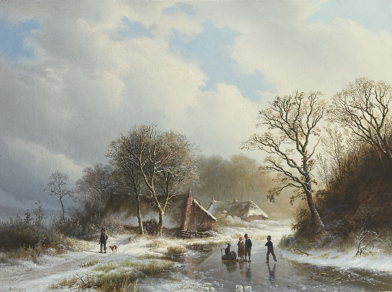 Bodeman W. | Willem Bodeman, Winters landschap met boerenhuizen, wandelaar en schaatsers, olieverf op doek 48,1 x 63,9 cm, gesigneerd linksonder en gedateerd 1839 Bodeman W. | Willem Bodeman, Winters landschap met boerenhuizen, wandelaar en schaatsers, olieverf op doek 48,1 x 63,9 cm, gesigneerd linksonder en gedateerd 1839