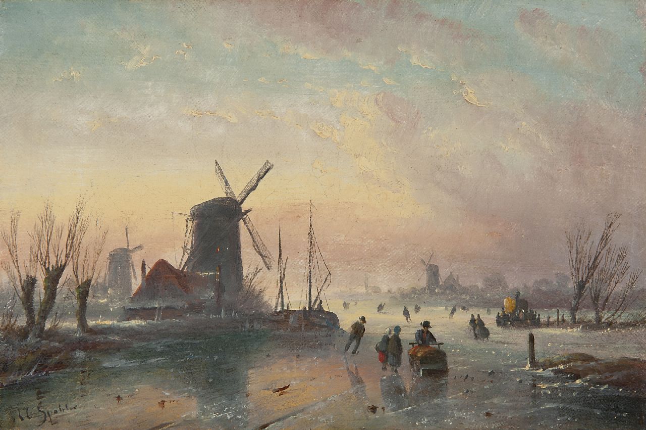 Spohler J.J.C.  | Jacob Jan Coenraad Spohler, IJsgezicht met schaatsers, olieverf op doek 17,5 x 26,4 cm, gesigneerd linksonder