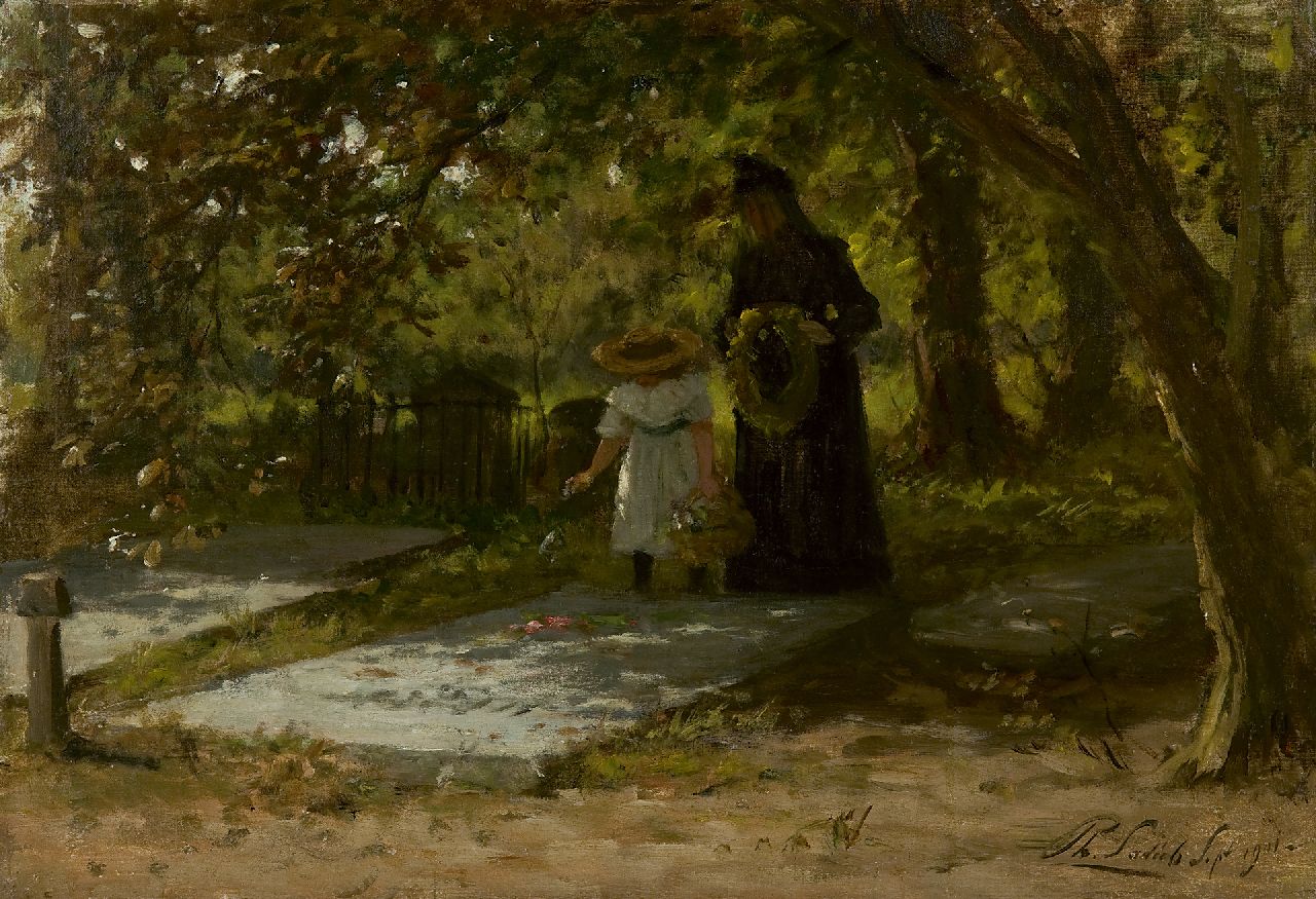 Sadée P.L.J.F. | Philip Lodewijk Jacob Frederik Sadée, Bezoek aan het kerkhof, olieverf op doek op paneel 34,7 x 50,0 cm, gesigneerd rechtsonder en gedateerd 6 Sept. 1901 Sadée P.L.J.F. | Philip Lodewijk Jacob Frederik Sadée, Bezoek aan het kerkhof, olieverf op doek op paneel 34,7 x 50,0 cm, gesigneerd rechtsonder en gedateerd 6 Sept. 1901