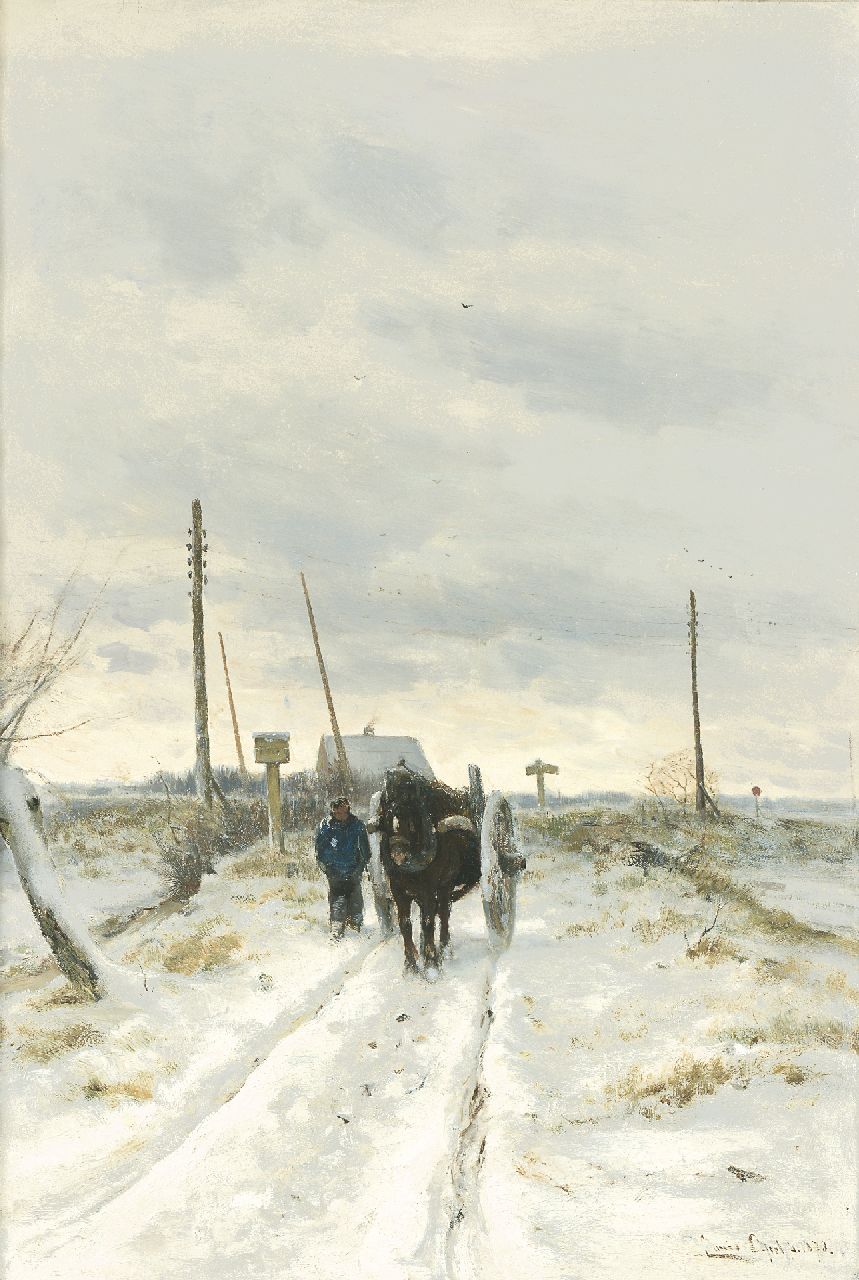 Apol L.F.H. | Lodewijk Franciscus Hendrik 'Louis' Apol, Boer met paard-en-wagen in de sneeuw, olieverf op doek 80,2 x 55,4 cm, gesigneerd rechtsonder en gedateerd 1873 Apol L.F.H. | Lodewijk Franciscus Hendrik 'Louis' Apol, Boer met paard-en-wagen in de sneeuw, olieverf op doek 80,2 x 55,4 cm, gesigneerd rechtsonder en gedateerd 1873
