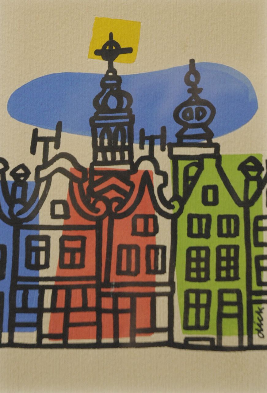 Bruna H.M. | Hendrik Magdalenus 'Dick' Bruna, Grachtje in Amsterdam (omslagontwerp voor de pocket 'Thriller voor twee camera's', 1958), gouache op papier 18,0 x 11,8 cm, gesigneerd rechtsonder Bruna H.M. | Hendrik Magdalenus 'Dick' Bruna, Grachtje in Amsterdam (omslagontwerp voor de pocket 'Thriller voor twee camera's', 1958), gouache op papier 18,0 x 11,8 cm, gesigneerd rechtsonder