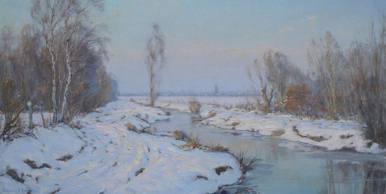 Meijer J. | Johannes 'Johan' Meijer, Winteravondzon: Gooiersgracht, Eemnes, olieverf op doek 44,3 x 84,2 cm, gesigneerd verso gesigneerd Meijer J. | Johannes 'Johan' Meijer, Winteravondzon: Gooiersgracht, Eemnes, olieverf op doek 44,3 x 84,2 cm, gesigneerd verso gesigneerd