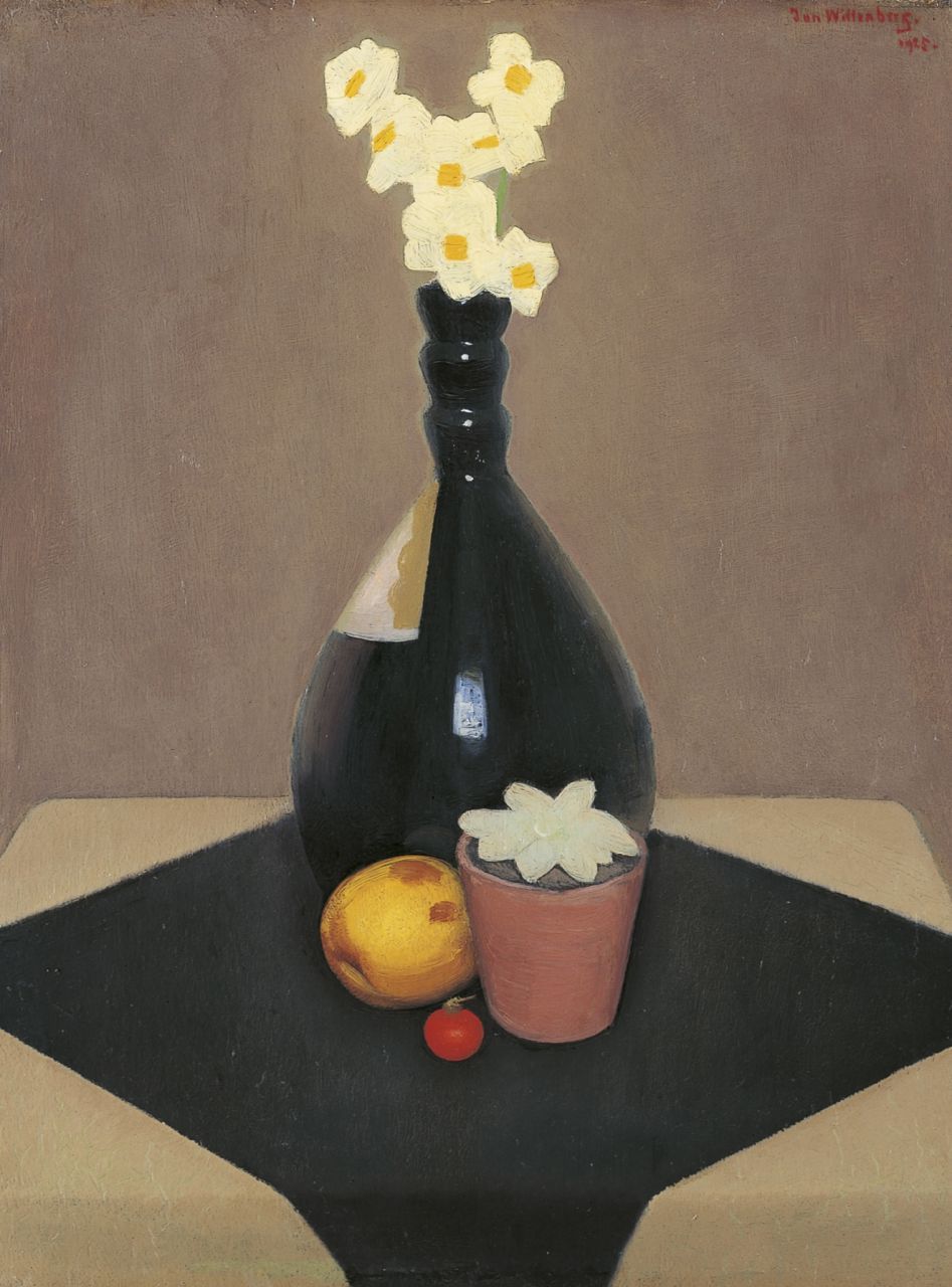 Wittenberg J.H.W.  | 'Jan' Hendrik Willem Wittenberg, Stilleven van fles - door Jac. Jongert - met narcissen, olieverf op paneel 38,2 x 29,9 cm, gesigneerd rechtsboven en gedateerd 1925