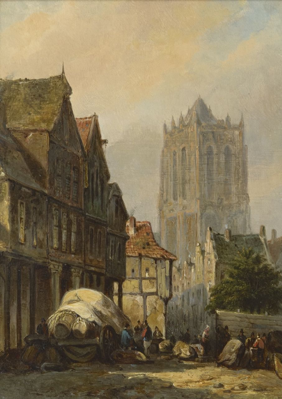 Bommel E.P. van | Elias Pieter van Bommel, Fantasiegezicht van een stad en de Sint-Lievensmonstertoren van Zierikzee, olieverf op paneel 22,5 x 16,4 cm